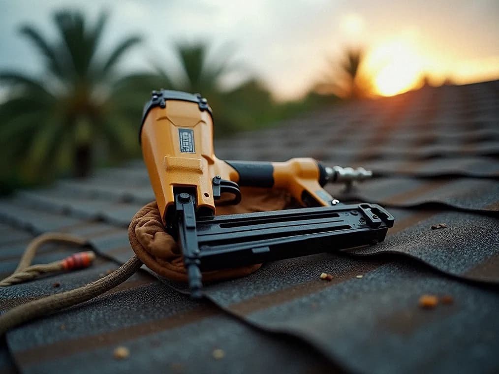 Roofing tools and gloves on a rooftop