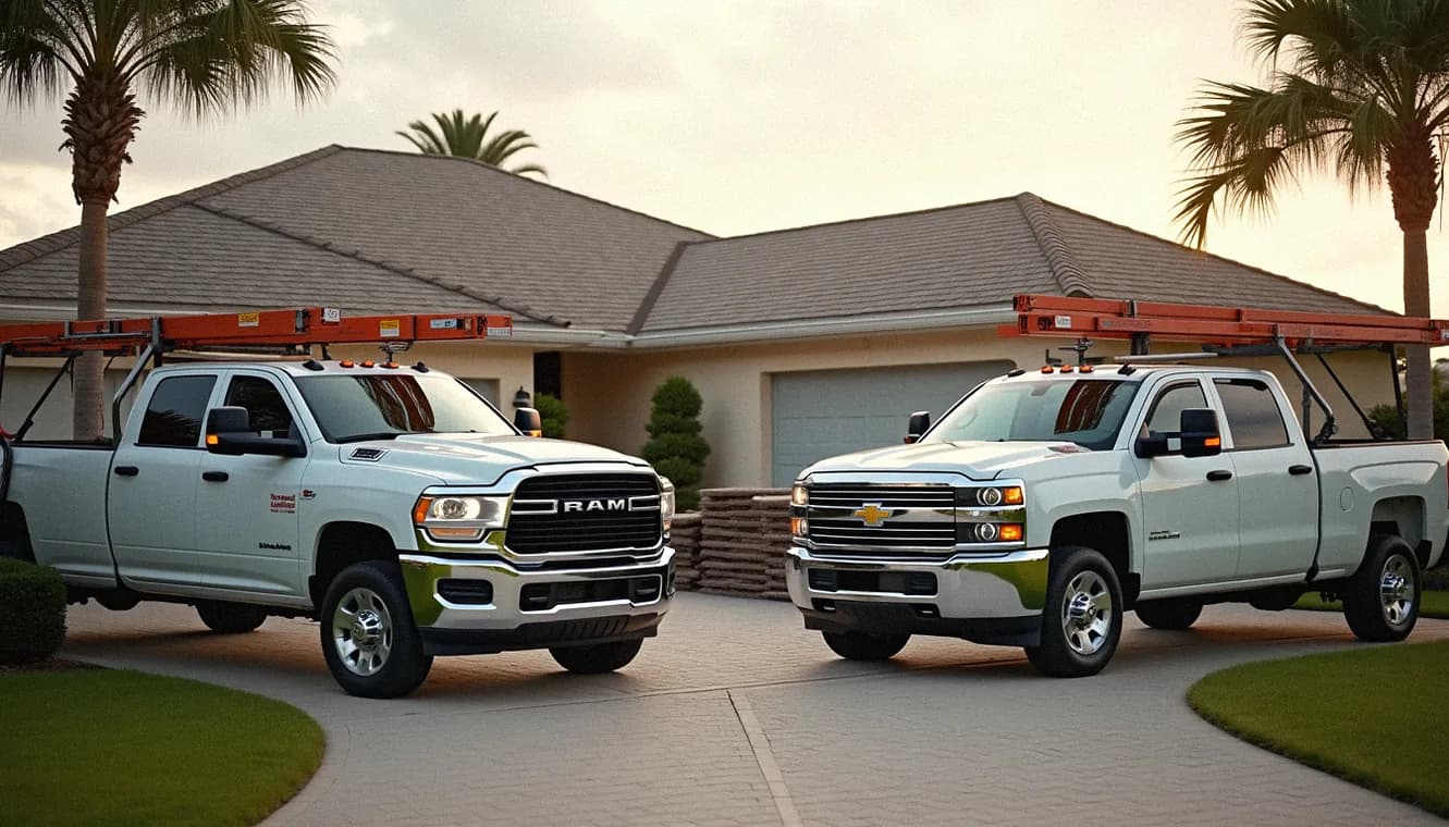 Palmetto State Roofing work trucks at a Florida home