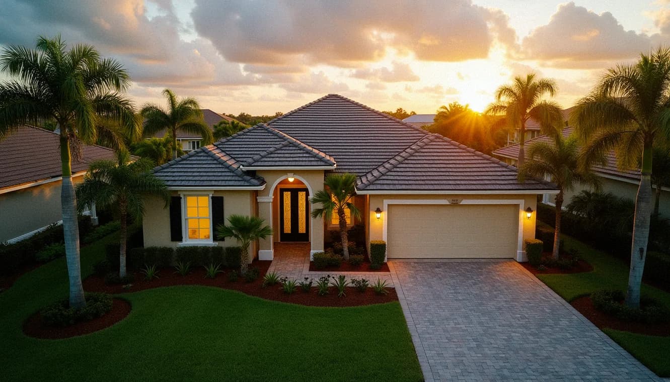 A Florida home with a new roof at golden hour